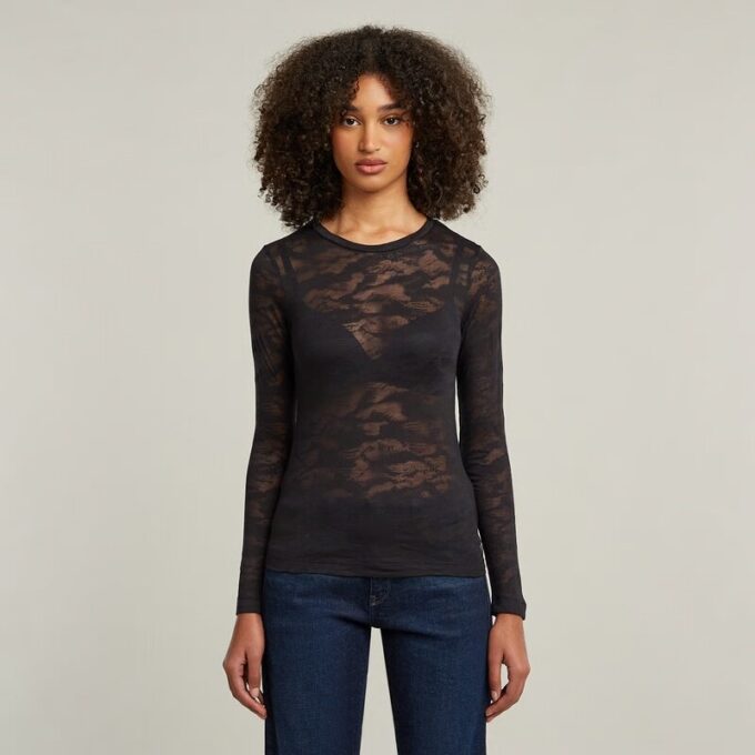 AOP Slim Top met Fijne Kant AOP Slim Top met Fijne Kant