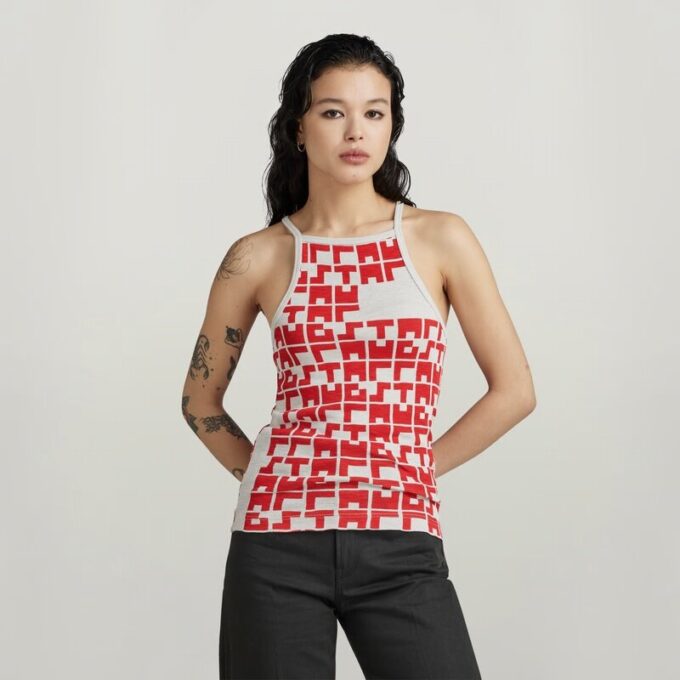 Bedrukt tanktopje, cropped, ultraslank Bedrukt tanktopje, cropped, ultraslank