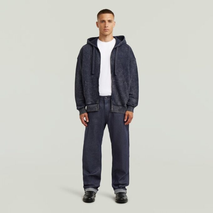 Gewassen losse hoodie met volledige ritssluiting